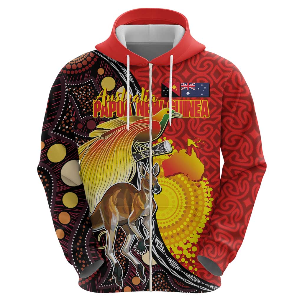 Australia and Papua New Guinea Together Zip Hoodie Bird-of-paradise and Kangaroo with Oro Tapa and Aboriginal Art Motifs - Aussie Hoodie