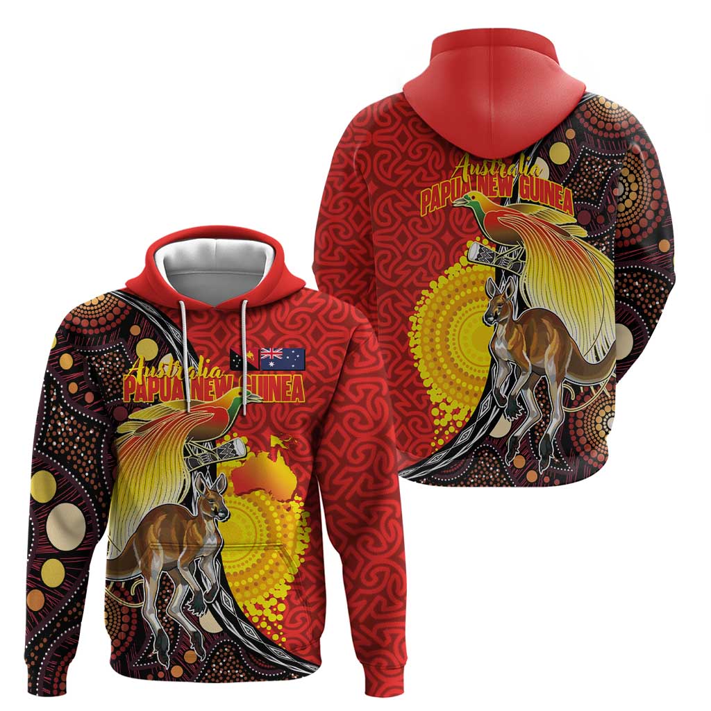 Australia and Papua New Guinea Together Zip Hoodie Bird-of-paradise and Kangaroo with Oro Tapa and Aboriginal Art Motifs - Aussie Hoodie