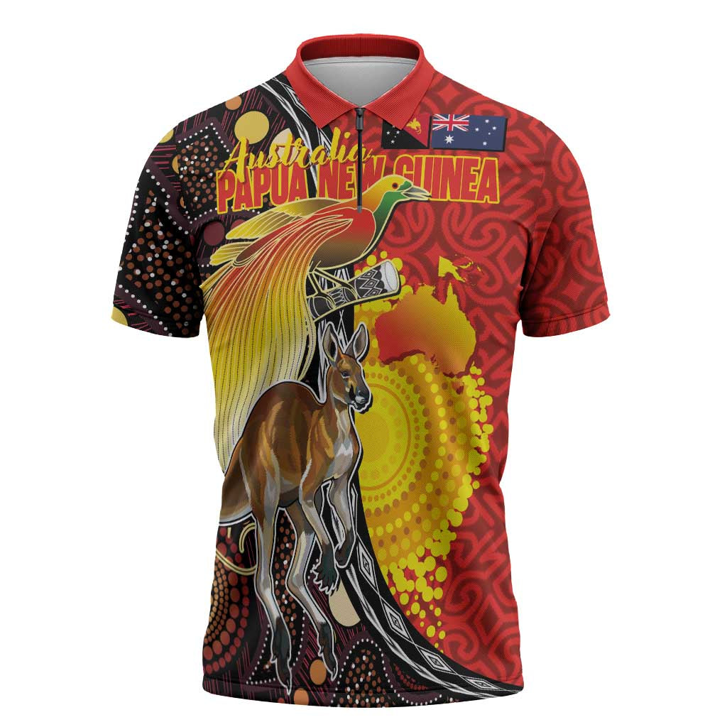 Australia and Papua New Guinea Together Zipper Polo Shirt Bird-of-paradise and Kangaroo with Oro Tapa and Aboriginal Art Motifs - Aussie Hoodie