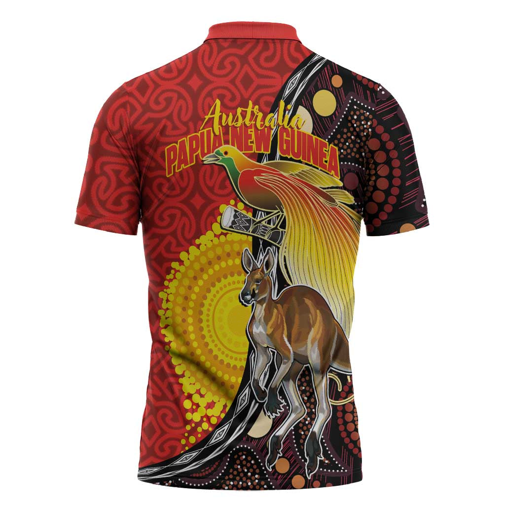 Australia and Papua New Guinea Together Zipper Polo Shirt Bird-of-paradise and Kangaroo with Oro Tapa and Aboriginal Art Motifs - Aussie Hoodie