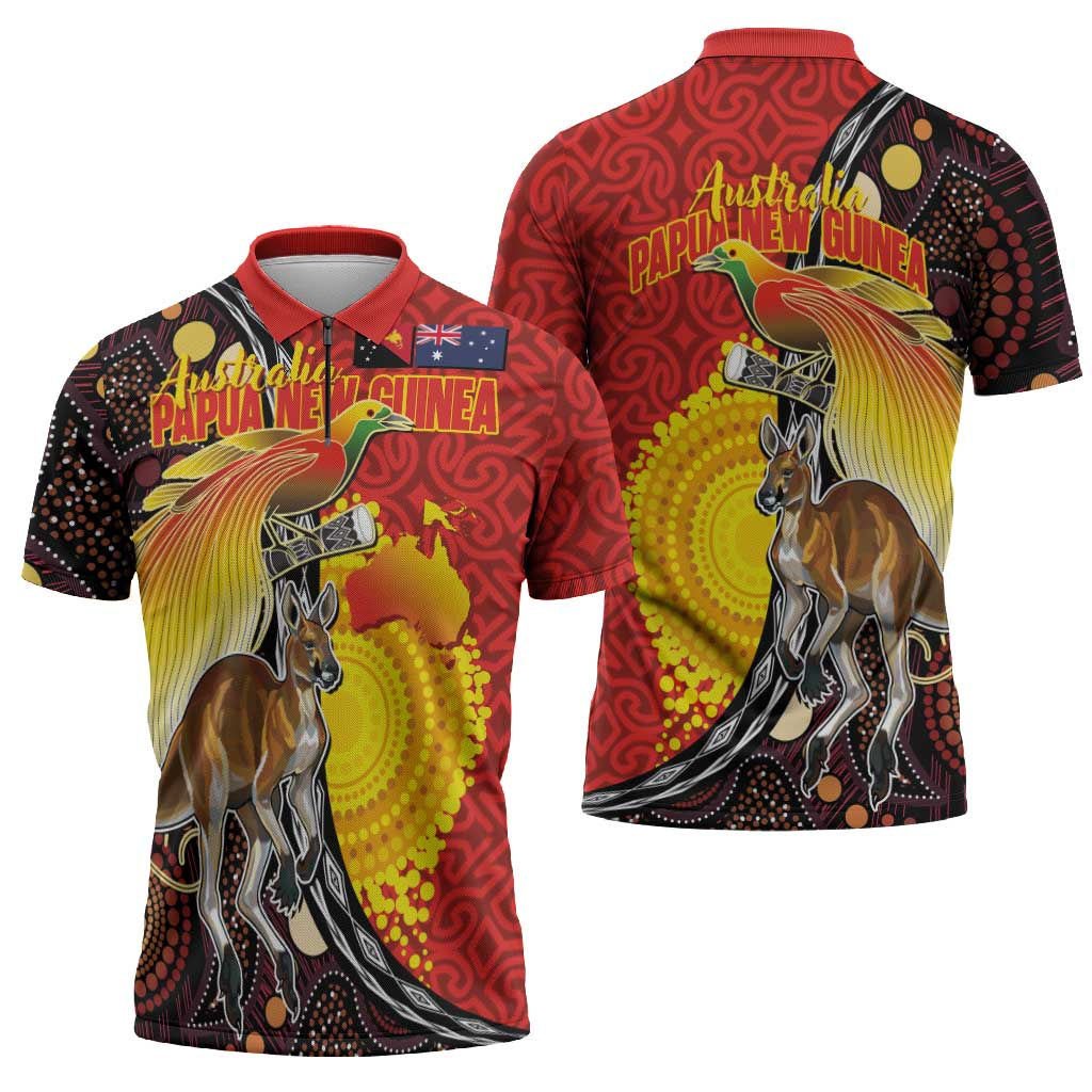 Australia and Papua New Guinea Together Zipper Polo Shirt Bird-of-paradise and Kangaroo with Oro Tapa and Aboriginal Art Motifs - Aussie Hoodie
