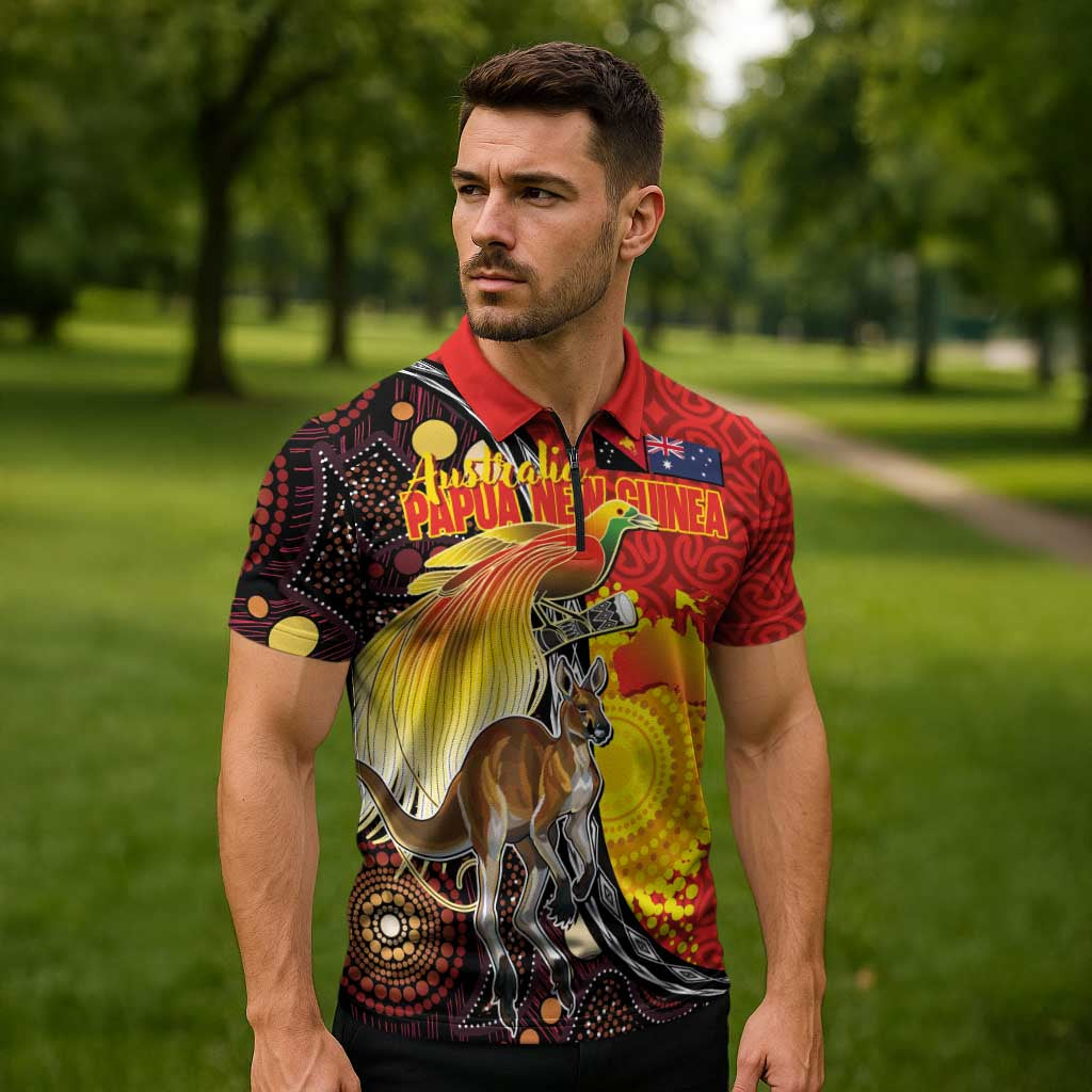 Australia and Papua New Guinea Together Zipper Polo Shirt Bird-of-paradise and Kangaroo with Oro Tapa and Aboriginal Art Motifs - Aussie Hoodie