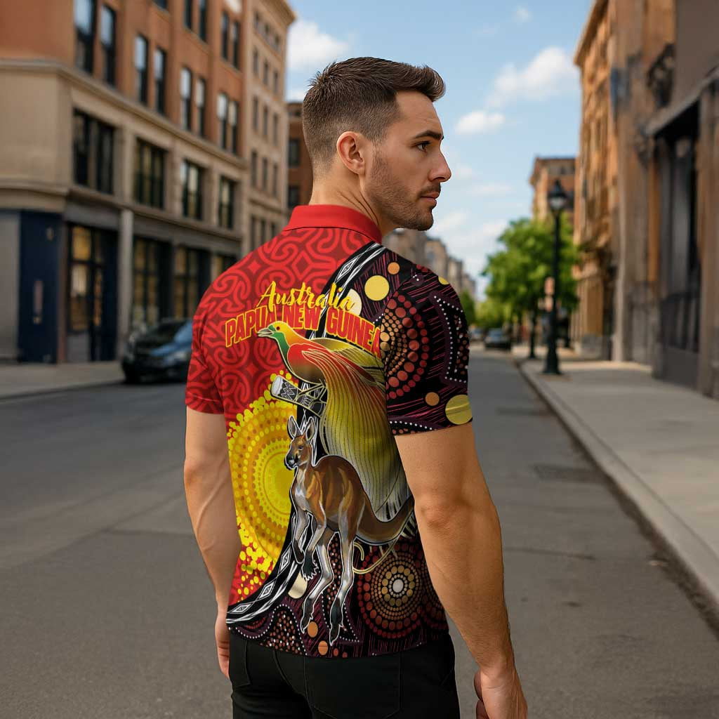 Australia and Papua New Guinea Together Zipper Polo Shirt Bird-of-paradise and Kangaroo with Oro Tapa and Aboriginal Art Motifs - Aussie Hoodie
