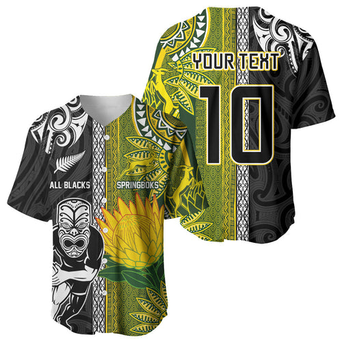 Custom Rugby New Zealand and South Africa Baseball Jersey Greatest Rivalry Silver Fern and Antelope