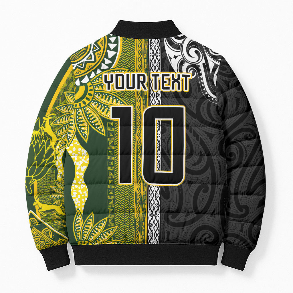 Custom Rugby New Zealand and South Africa Bomber Puffer Jacket Greatest Rivalry Silver Fern and Antelope