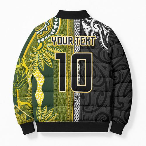 Custom Rugby New Zealand and South Africa Bomber Puffer Jacket Greatest Rivalry Silver Fern and Antelope