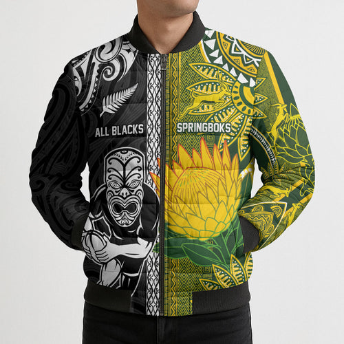 Custom Rugby New Zealand and South Africa Bomber Puffer Jacket Greatest Rivalry Silver Fern and Antelope