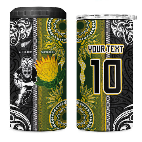 Custom Rugby New Zealand and South Africa 4 in 1 Can Cooler Tumbler Greatest Rivalry Silver Fern and Antelope