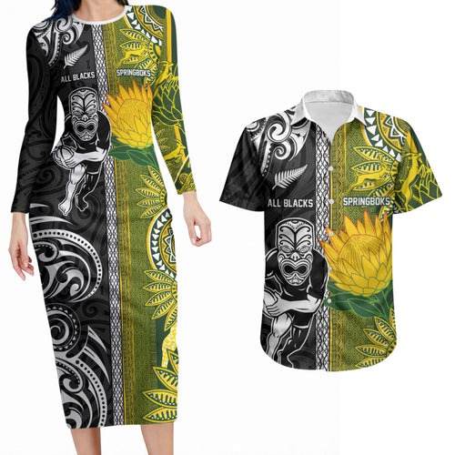 Custom Rugby New Zealand and South Africa Couples Matching Long Sleeve Bodycon Dress and Hawaiian Shirt Greatest Rivalry Silver Fern and Antelope
