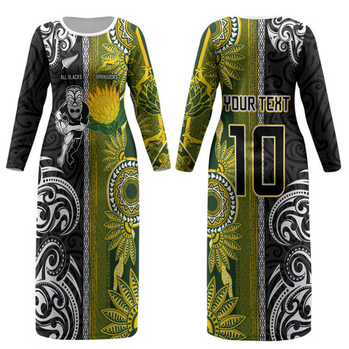 Custom Rugby New Zealand and South Africa Couples Matching Long Sleeve Bodycon Dress and Hawaiian Shirt Greatest Rivalry Silver Fern and Antelope