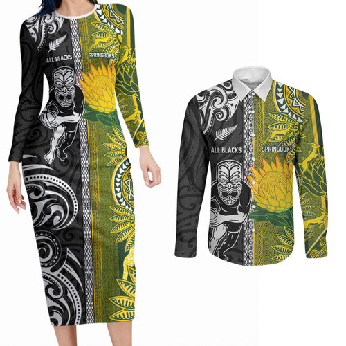 Custom Rugby New Zealand and South Africa Couples Matching Long Sleeve Bodycon Dress and Long Sleeve Button Shirt Greatest Rivalry Silver Fern and Antelope