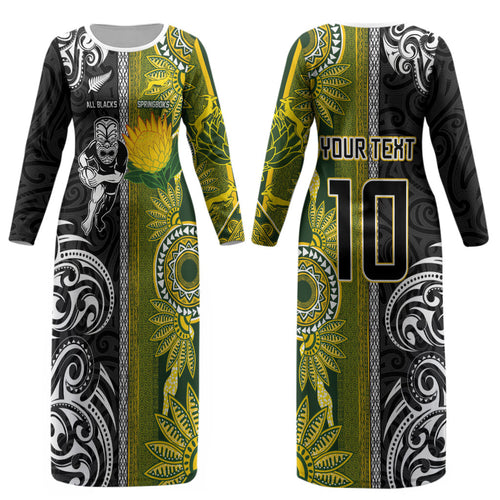 Custom Rugby New Zealand and South Africa Couples Matching Long Sleeve Bodycon Dress and Long Sleeve Button Shirt Greatest Rivalry Silver Fern and Antelope