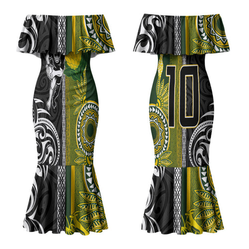 Custom Rugby New Zealand and South Africa Couples Matching Mermaid Dress and Long Sleeve Button Shirt Greatest Rivalry Silver Fern and Antelope
