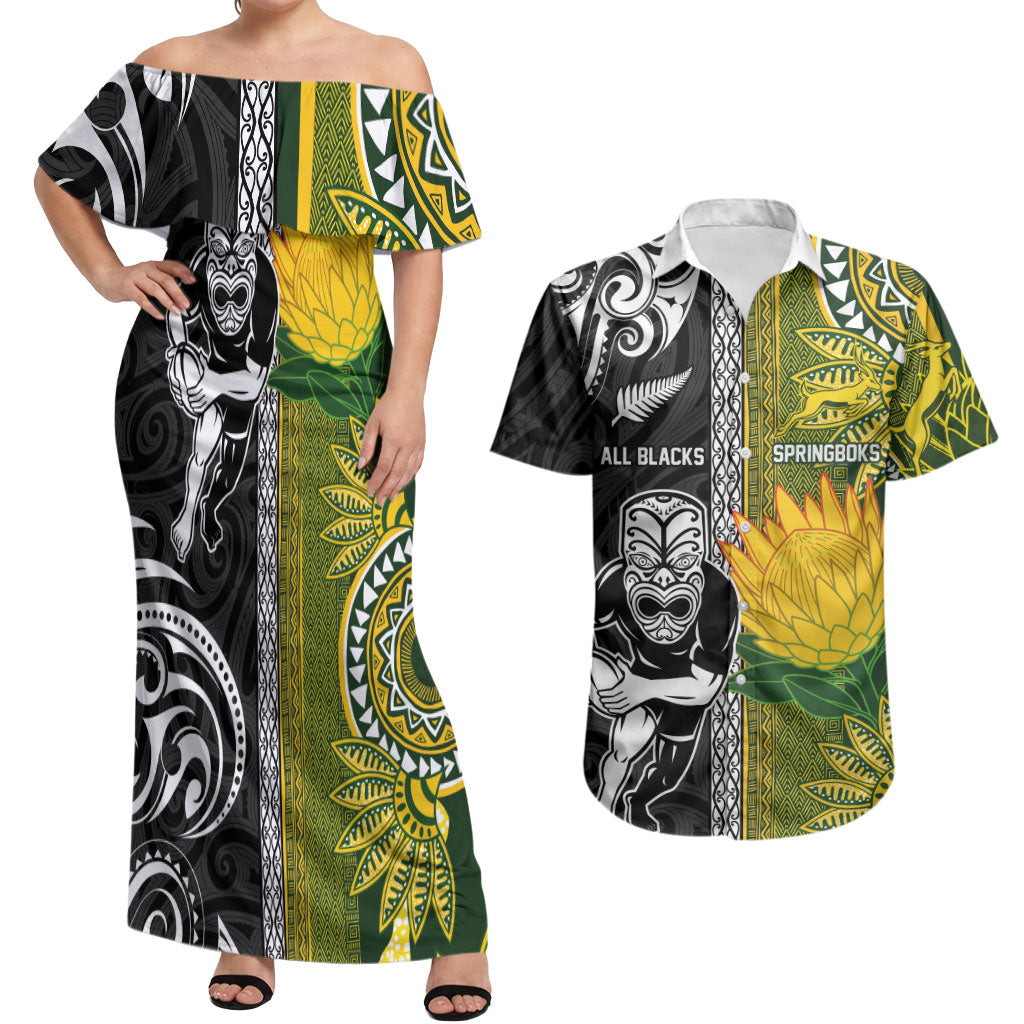 Custom Rugby New Zealand and South Africa Couples Matching Off Shoulder Maxi Dress and Hawaiian Shirt Greatest Rivalry Silver Fern and Antelope