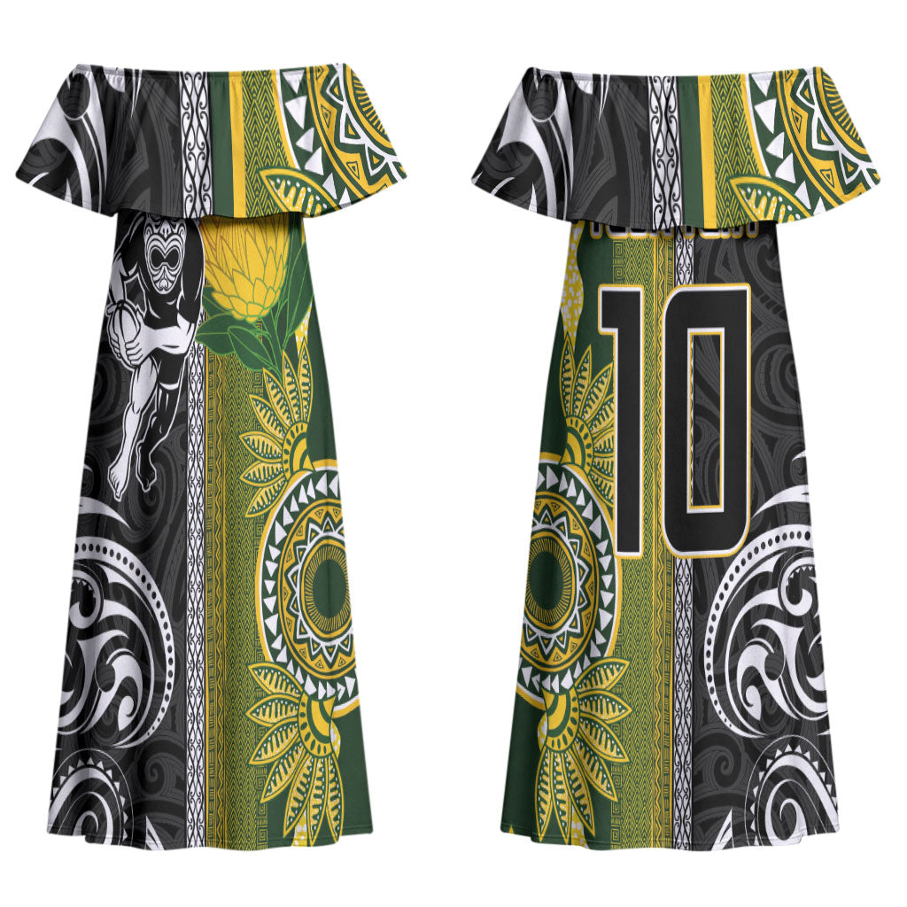 Custom Rugby New Zealand and South Africa Couples Matching Off Shoulder Maxi Dress and Hawaiian Shirt Greatest Rivalry Silver Fern and Antelope