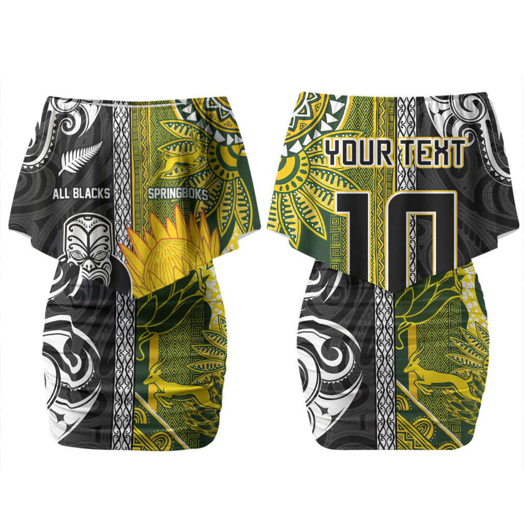 Custom Rugby New Zealand and South Africa Couples Matching Off Shoulder Short Dress and Hawaiian Shirt Greatest Rivalry Silver Fern and Antelope