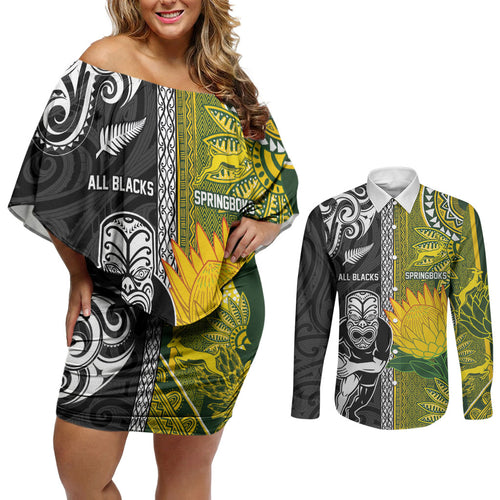 Custom Rugby New Zealand and South Africa Couples Matching Off Shoulder Short Dress and Long Sleeve Button Shirt Greatest Rivalry Silver Fern and Antelope