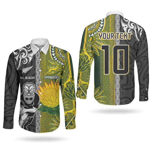 Custom Rugby New Zealand and South Africa Couples Matching Off The Shoulder Long Sleeve Dress and Long Sleeve Button Shirt Greatest Rivalry Silver Fern and Antelope