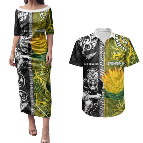 Custom Rugby New Zealand and South Africa Couples Matching Puletasi and Hawaiian Shirt Greatest Rivalry Silver Fern and Antelope