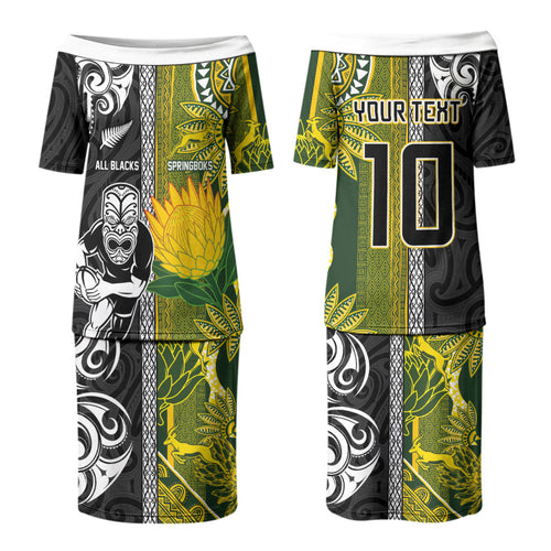 Custom Rugby New Zealand and South Africa Couples Matching Puletasi and Long Sleeve Button Shirt Greatest Rivalry Silver Fern and Antelope