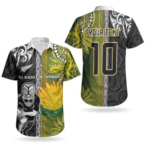 Custom Rugby New Zealand and South Africa Couples Matching Short Sleeve Bodycon Dress and Hawaiian Shirt Greatest Rivalry Silver Fern and Antelope