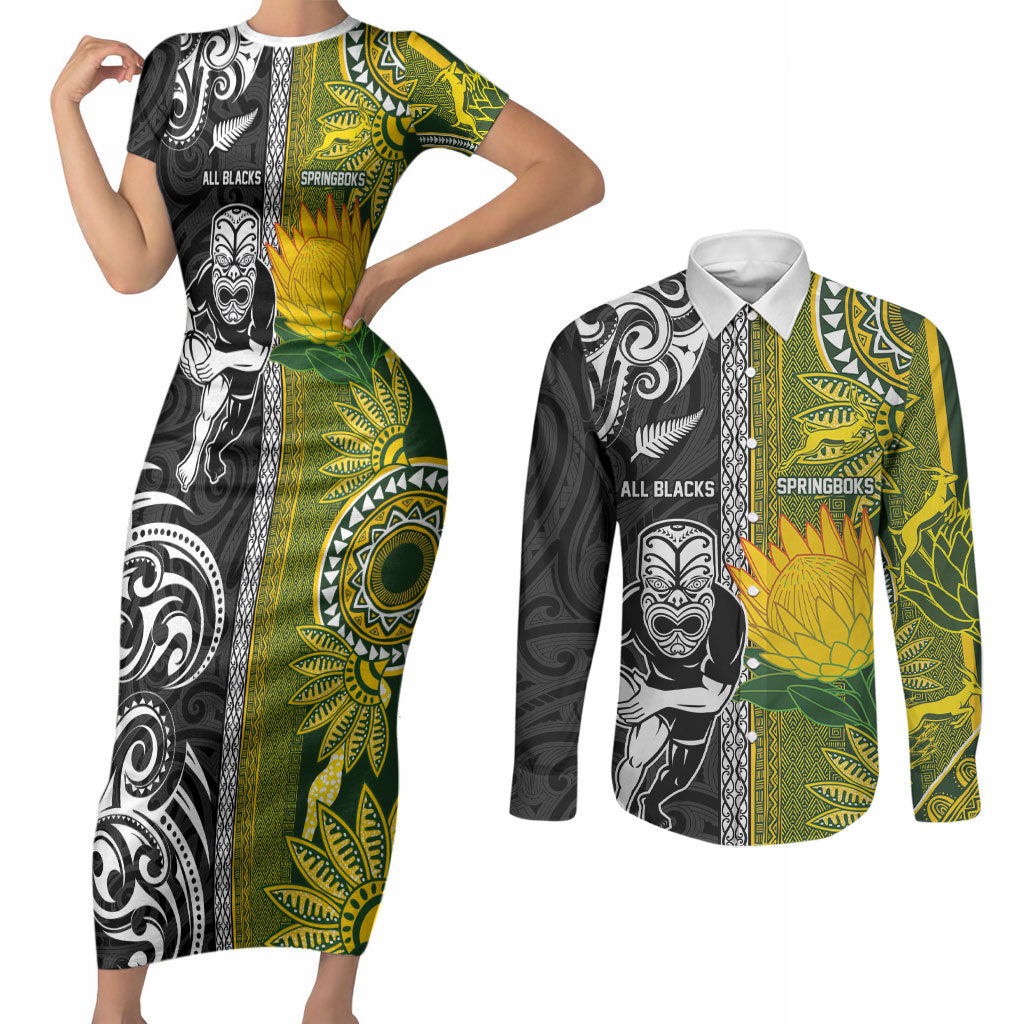 Custom Rugby New Zealand and South Africa Couples Matching Short Sleeve Bodycon Dress and Long Sleeve Button Shirt Greatest Rivalry Silver Fern and Antelope