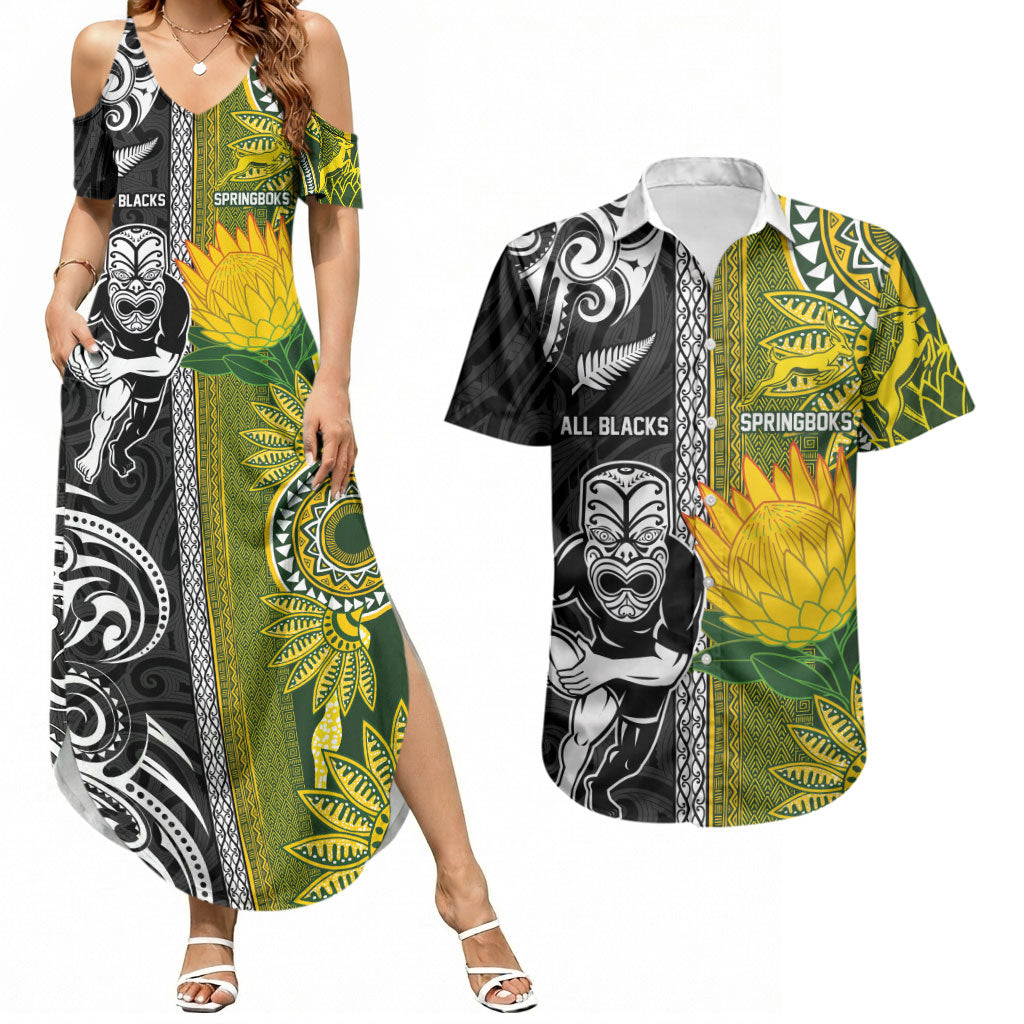 Custom Rugby New Zealand and South Africa Couples Matching Summer Maxi Dress and Hawaiian Shirt Greatest Rivalry Silver Fern and Antelope