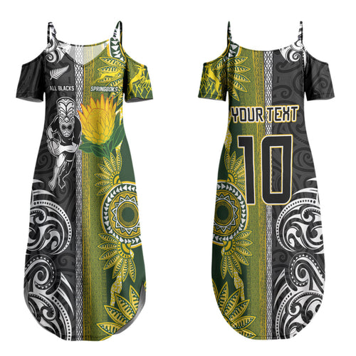 Custom Rugby New Zealand and South Africa Couples Matching Summer Maxi Dress and Long Sleeve Button Shirt Greatest Rivalry Silver Fern and Antelope