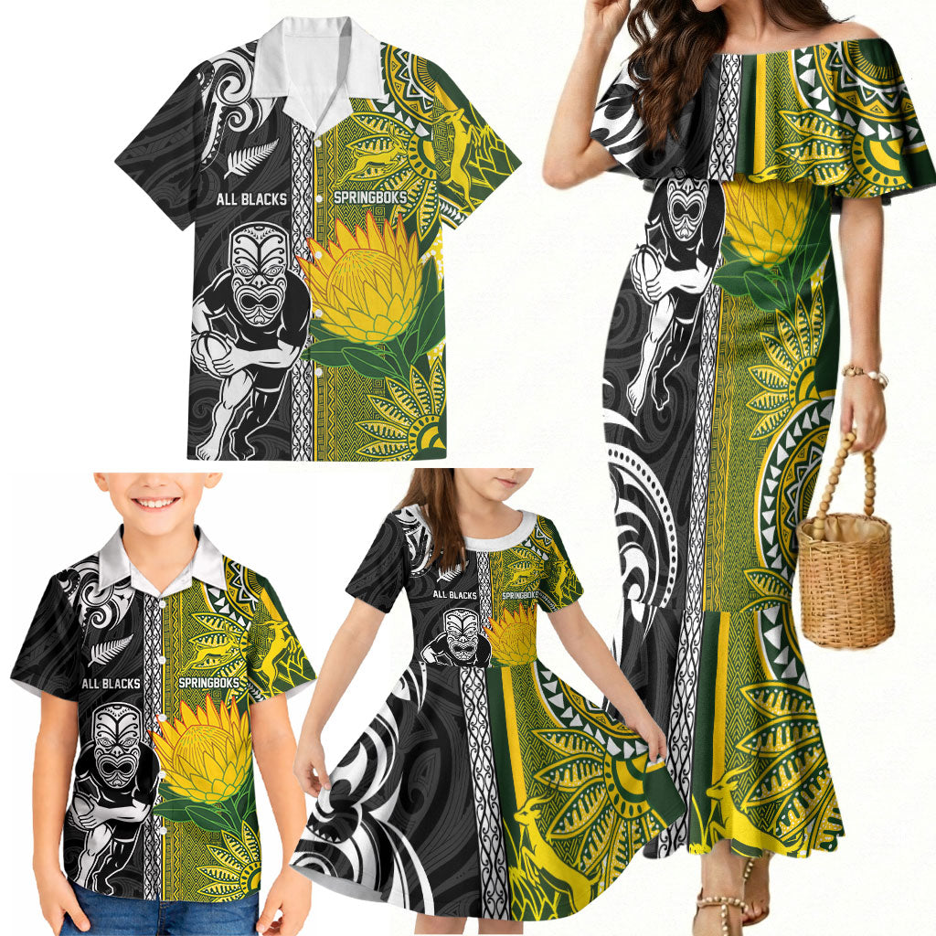 Custom Rugby New Zealand and South Africa Family Matching Mermaid Dress and Hawaiian Shirt Greatest Rivalry Silver Fern and Antelope