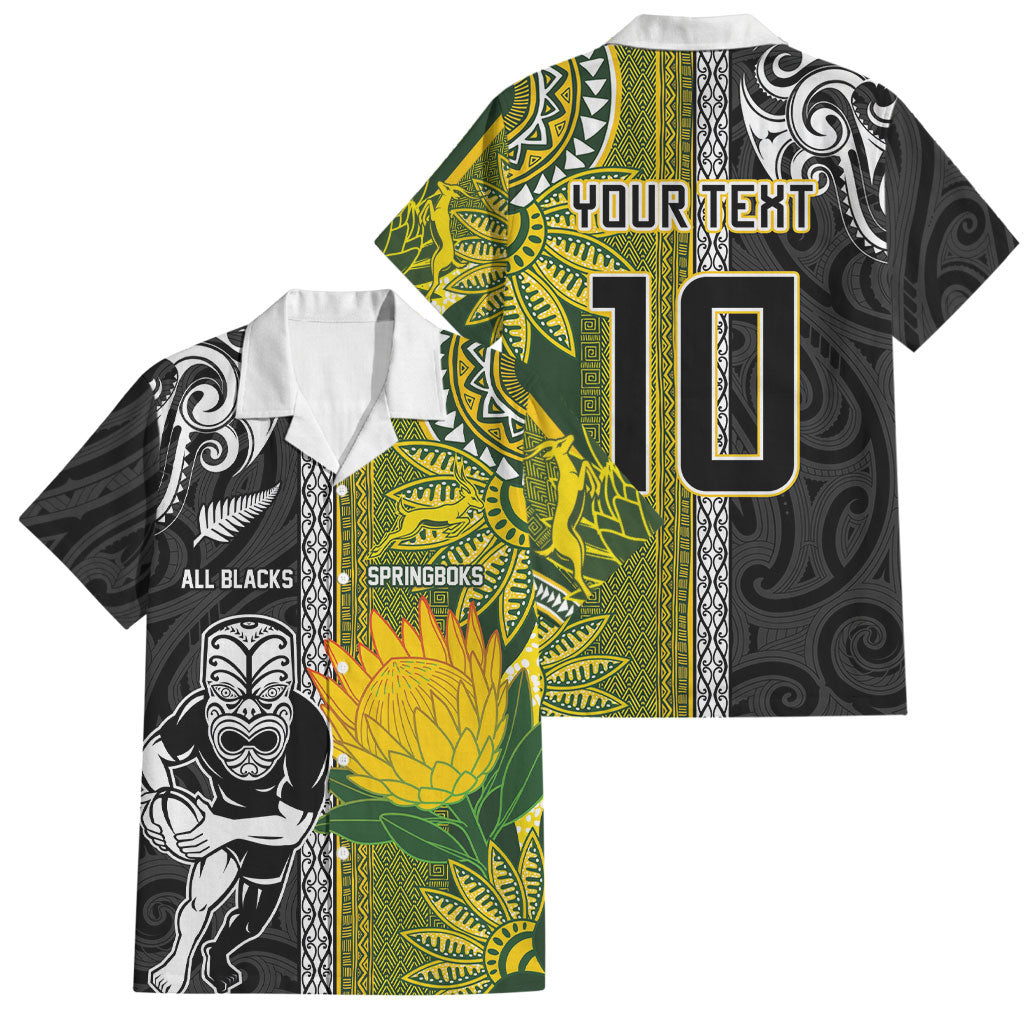 Custom Rugby New Zealand and South Africa Family Matching Off The Shoulder Long Sleeve Dress and Hawaiian Shirt Greatest Rivalry Silver Fern and Antelope