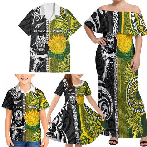 Custom Rugby New Zealand and South Africa Family Matching Off Shoulder Maxi Dress and Hawaiian Shirt Greatest Rivalry Silver Fern and Antelope