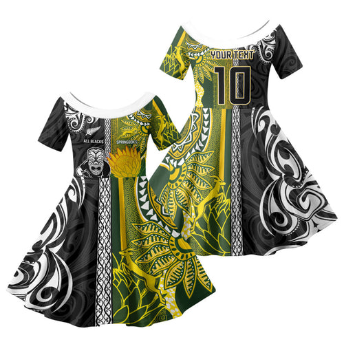 Custom Rugby New Zealand and South Africa Family Matching Off Shoulder Maxi Dress and Hawaiian Shirt Greatest Rivalry Silver Fern and Antelope