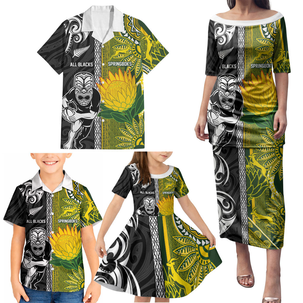 Custom Rugby New Zealand and South Africa Family Matching Puletasi and Hawaiian Shirt Greatest Rivalry Silver Fern and Antelope