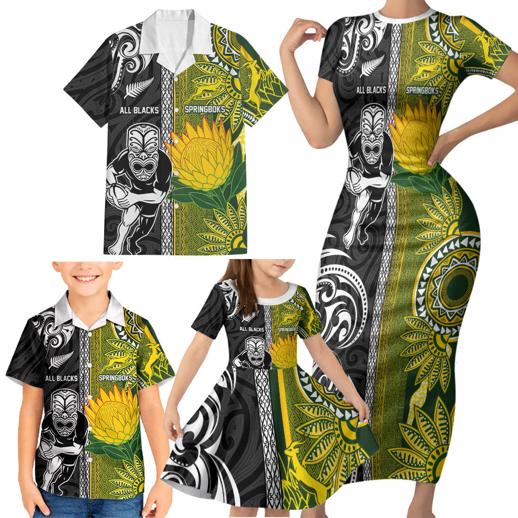 Custom Rugby New Zealand and South Africa Family Matching Short Sleeve Bodycon Dress and Hawaiian Shirt Greatest Rivalry Silver Fern and Antelope