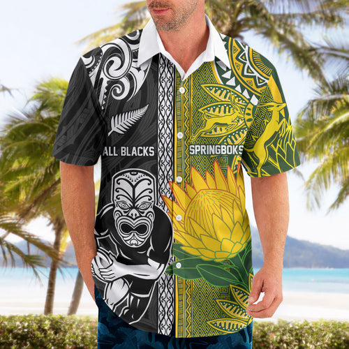 Custom Rugby New Zealand and South Africa Hawaiian Shirt Greatest Rivalry Silver Fern and Antelope