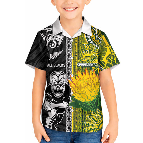 Custom Rugby New Zealand and South Africa Kid Hawaiian Shirt Greatest Rivalry Silver Fern and Antelope