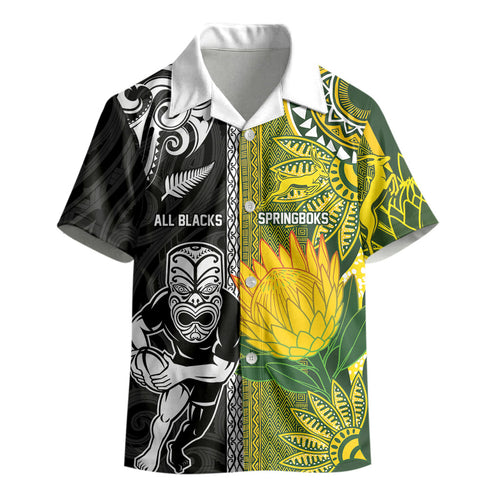 Custom Rugby New Zealand and South Africa Kid Hawaiian Shirt Greatest Rivalry Silver Fern and Antelope