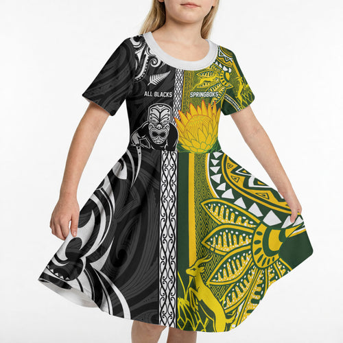 Custom Rugby New Zealand and South Africa Kid Short Sleeve Dress Greatest Rivalry Silver Fern and Antelope