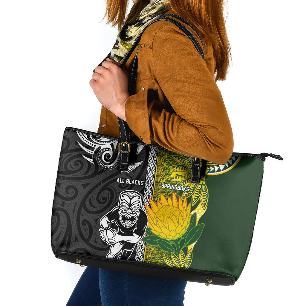 Rugby New Zealand and South Africa Leather Tote Bag Greatest Rivalry Silver Fern and Antelope