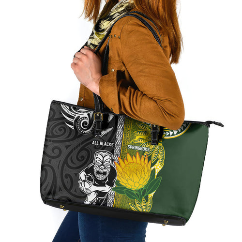 Rugby New Zealand and South Africa Leather Tote Bag Greatest Rivalry Silver Fern and Antelope