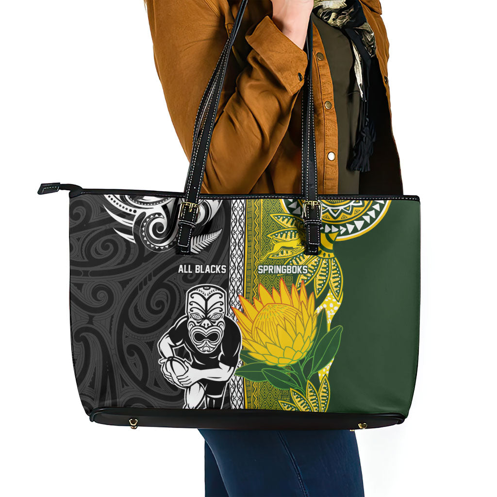 Rugby New Zealand and South Africa Leather Tote Bag Greatest Rivalry Silver Fern and Antelope