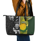 Rugby New Zealand and South Africa Leather Tote Bag Greatest Rivalry Silver Fern and Antelope