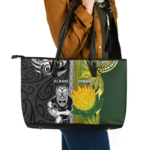 Rugby New Zealand and South Africa Leather Tote Bag Greatest Rivalry Silver Fern and Antelope