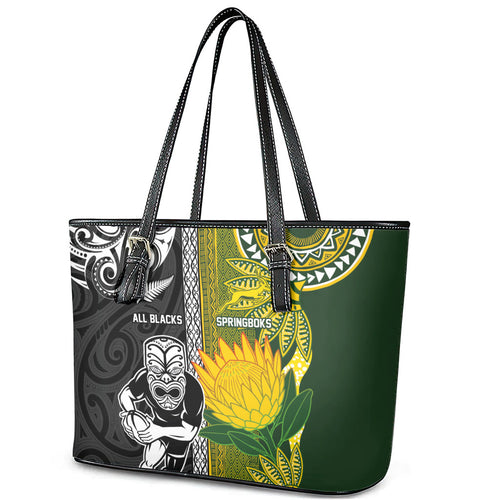 Rugby New Zealand and South Africa Leather Tote Bag Greatest Rivalry Silver Fern and Antelope