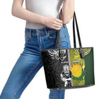 Rugby New Zealand and South Africa Leather Tote Bag Greatest Rivalry Silver Fern and Antelope