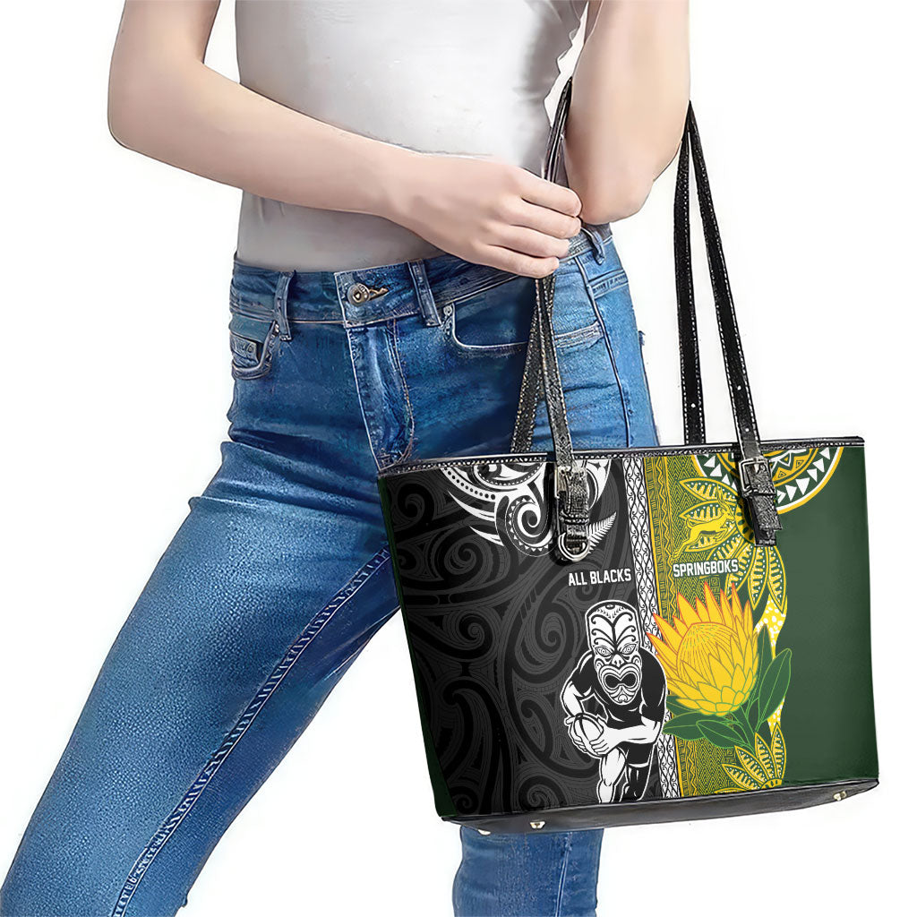 Rugby New Zealand and South Africa Leather Tote Bag Greatest Rivalry Silver Fern and Antelope