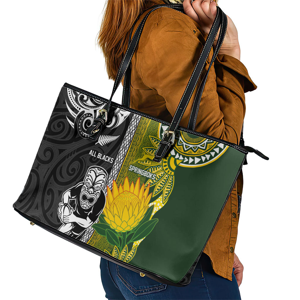 Rugby New Zealand and South Africa Leather Tote Bag Greatest Rivalry Silver Fern and Antelope