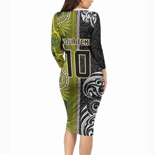 Custom Rugby New Zealand and South Africa Long Sleeve Bodycon Dress Greatest Rivalry Silver Fern and Antelope
