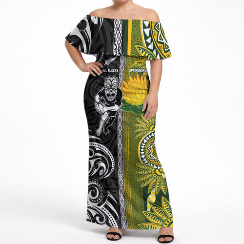 Custom Rugby New Zealand and South Africa Off Shoulder Maxi Dress Greatest Rivalry Silver Fern and Antelope