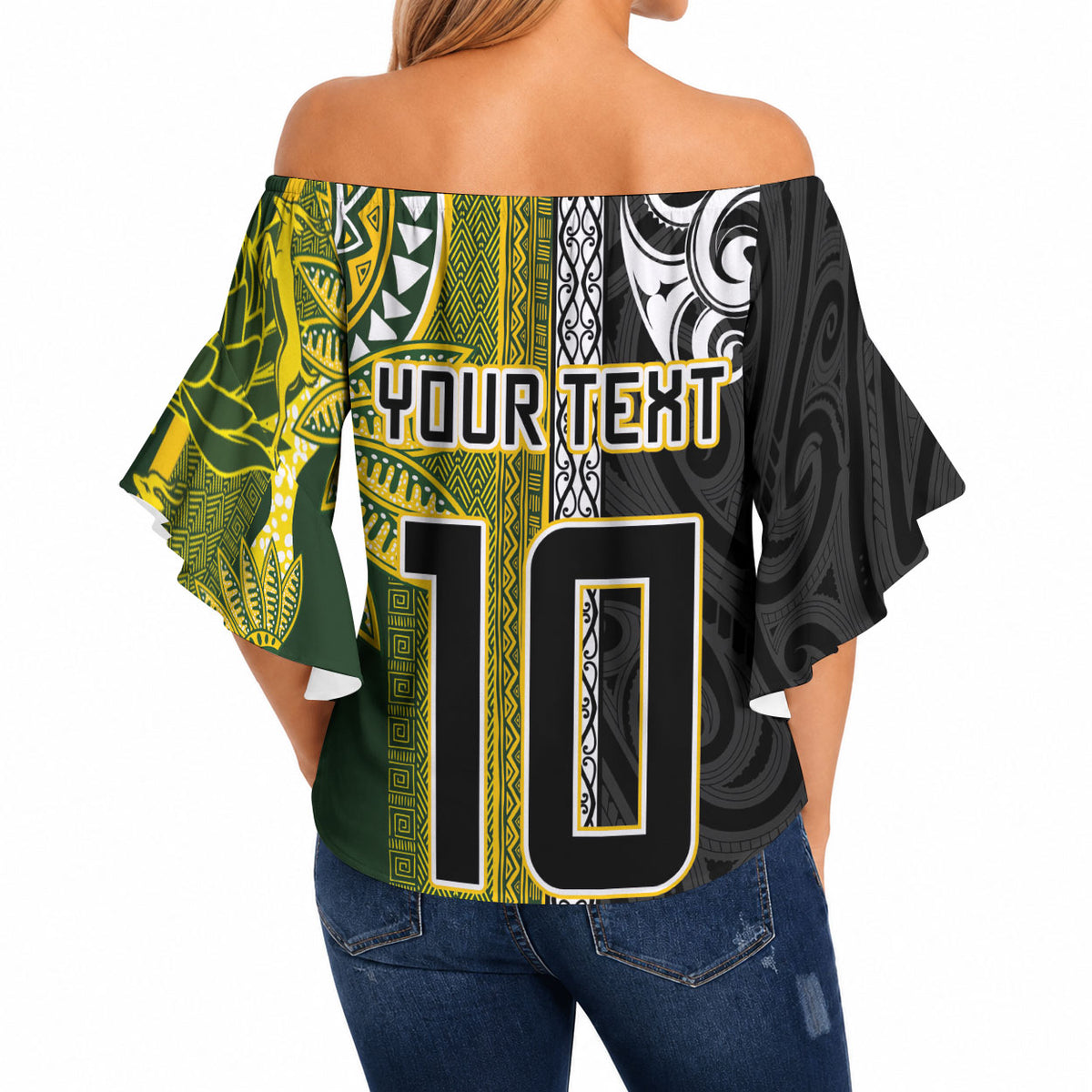 Custom Rugby New Zealand and South Africa Off Shoulder Wrap Waist Top Greatest Rivalry Silver Fern and Antelope
